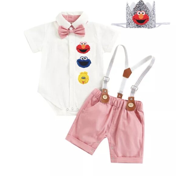 Elmo Outfit Boy Smash Cake Birthday Elmo Clothes Sesame Street Suspenders - Picture 1 of 6